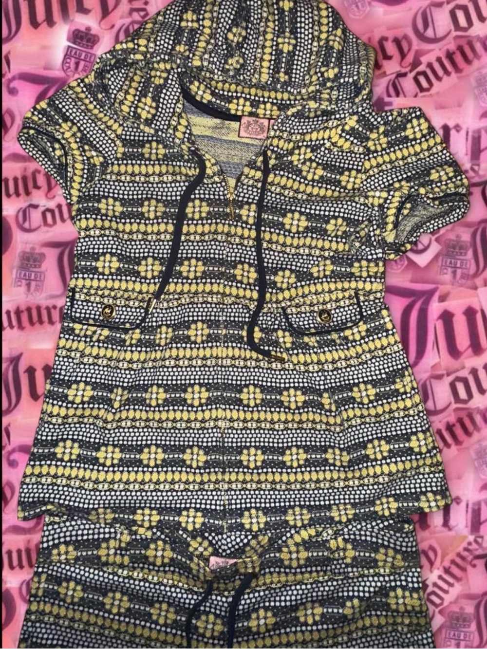 Juicy Couture Yellow & Black Hooded Top and Shorts Set Activewear